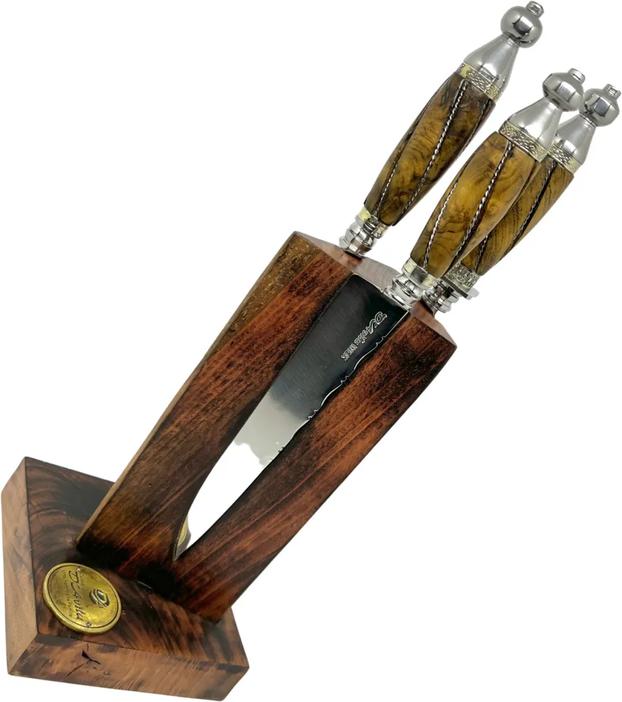 Cepo Churrasco Nordestino Retovado Inox com 3 peças - Faca, Chaira e Garfo.