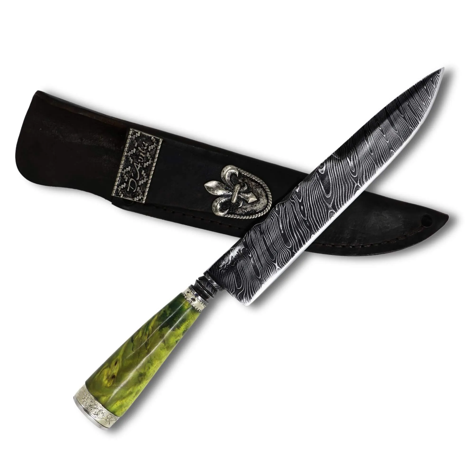 Faca Churrasco Torneada em Madeira Estabilizada 8" em aço damasco.