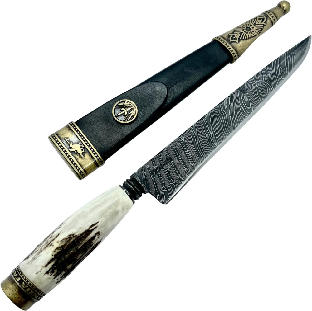 Faca Gaúcha Linha Farroupilha Piratini 8" em Aço Damasco cabo em chifre de cervo com estojo.