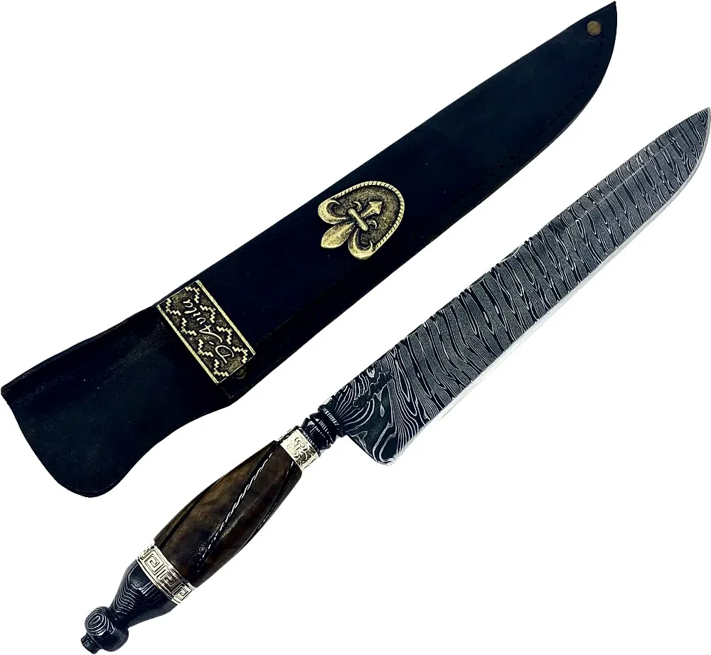 Faca Churrasco Nordestina retovada 10" em aço damasco, cabo em madeira nobre.