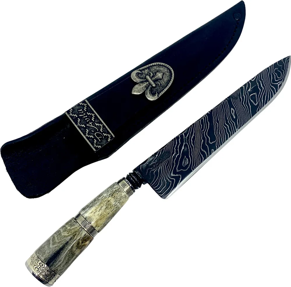 Faca Churrasco Torneada em osso fossilizado com anel no meio 8" em aço damasco,